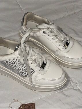 Aldo White Platform Sneakers with Silver Accents rhinestone design